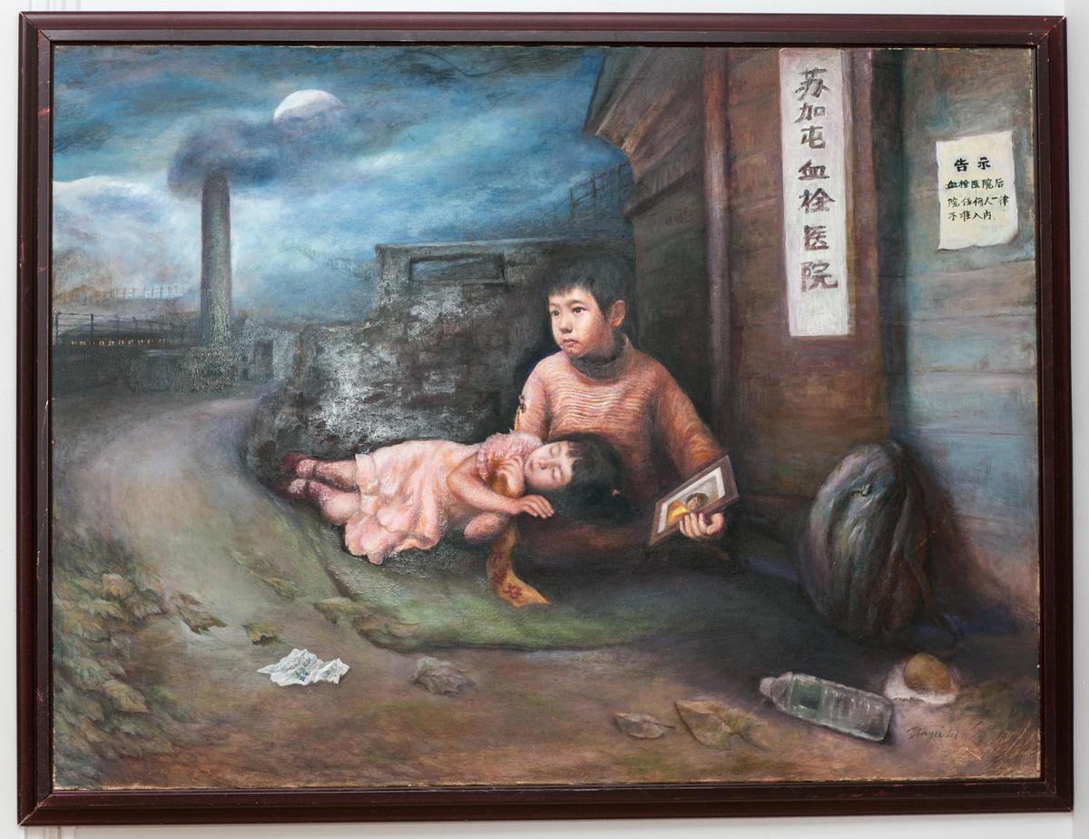 The painting “Mom where are you?” by artist Li Jinyu at an exhibition by Artists Against Forced Organ Harvesting (AAFOH) featuring artwork about human rights abuses in China, in New York on May 10, 2016. (Benjamin Chasteen/Epoch Times)