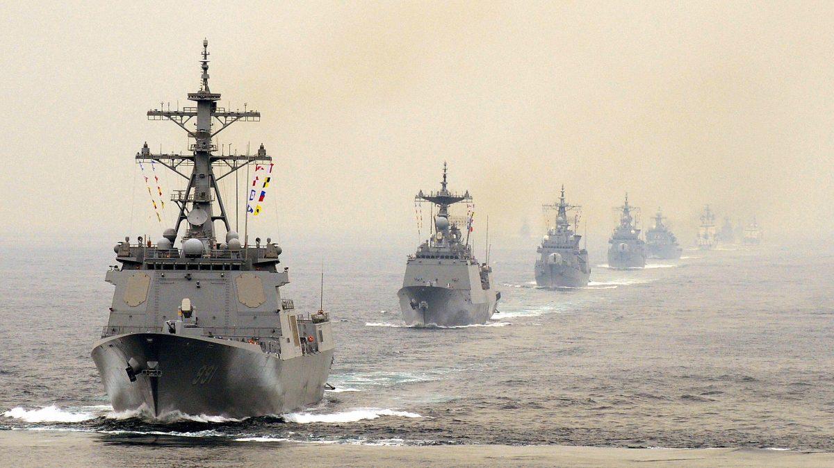 South Korean warships, including the nation's first Aegis destroyer, Sejongdaewang (L), move in a line in this file photo. (Korea Pool/AFP/Getty Images)