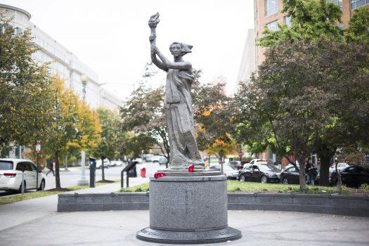 The Victims of Communism Memorial in Washington on Nov. 8, 2017. Established by the Victims of Communism Memorial Foundation, it is a replica of the Goddess of Democracy statue erected during China's Tiananmen Square protests in 1989. (Samira Bouaou/The Epoch Times)