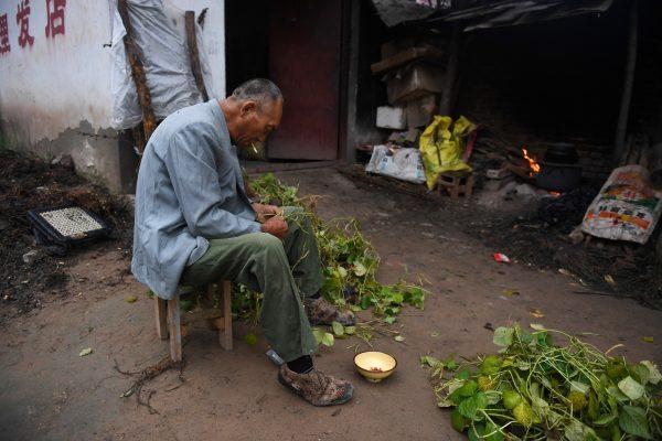 A man preparing beans outside his house in a village near the Yellow River in Lankao County, Henan Province, on Sept. 28, 2017. (Greg Baker/AFP/Getty Images)