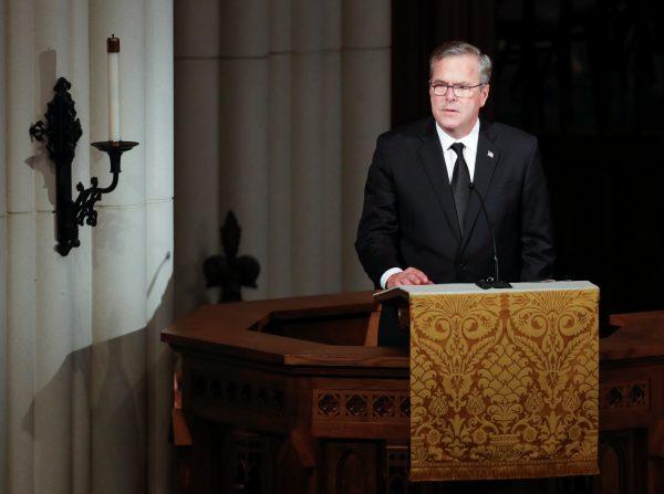 Former Florida Governor Jeb Bush speaks during the eulogy at funeral service for his mother, former first lady Barbara Bush at St. Martin's Episcopal Church in Houston, Texas on April 21, 2018. (Brett Coomer/Pool via Reuters)