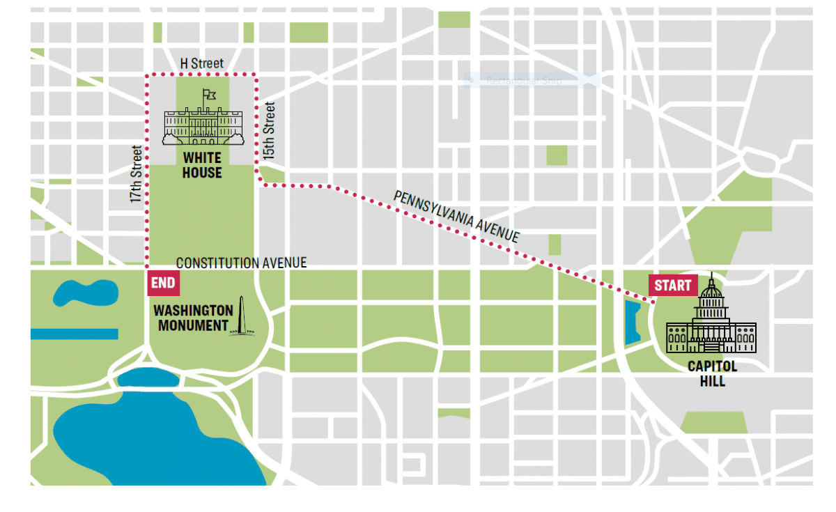 March route: From West Terrace Lawn of the U.S. Capitol -> Pennsylvania Avenue -> turn right to 15th Street -> turn left to H Street -> turn left to 17th Street -> cross Constitution Avenue -> End at the Washington Monument