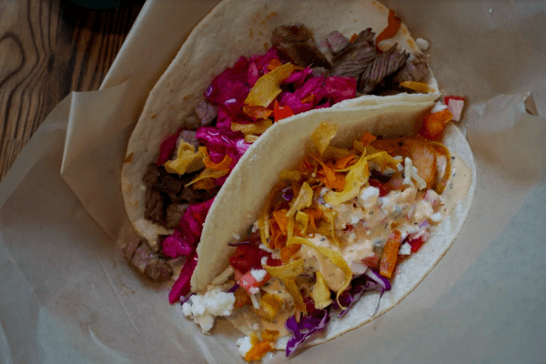 Korean short rib and shrimp tempura tacos at Tacos del Gnar. (Channaly Philipp/The Epoch Times)