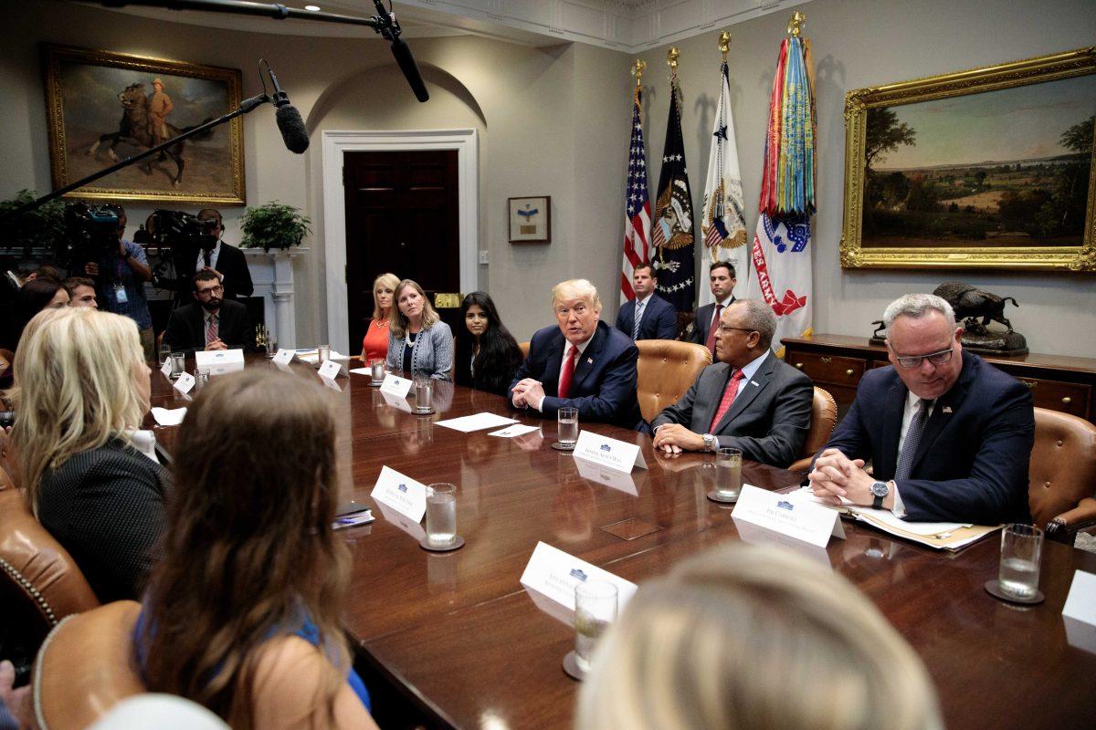 President Donald Trump announces a grant for a drug-free communities support program. (Samira Bouaou/The Epoch Times)