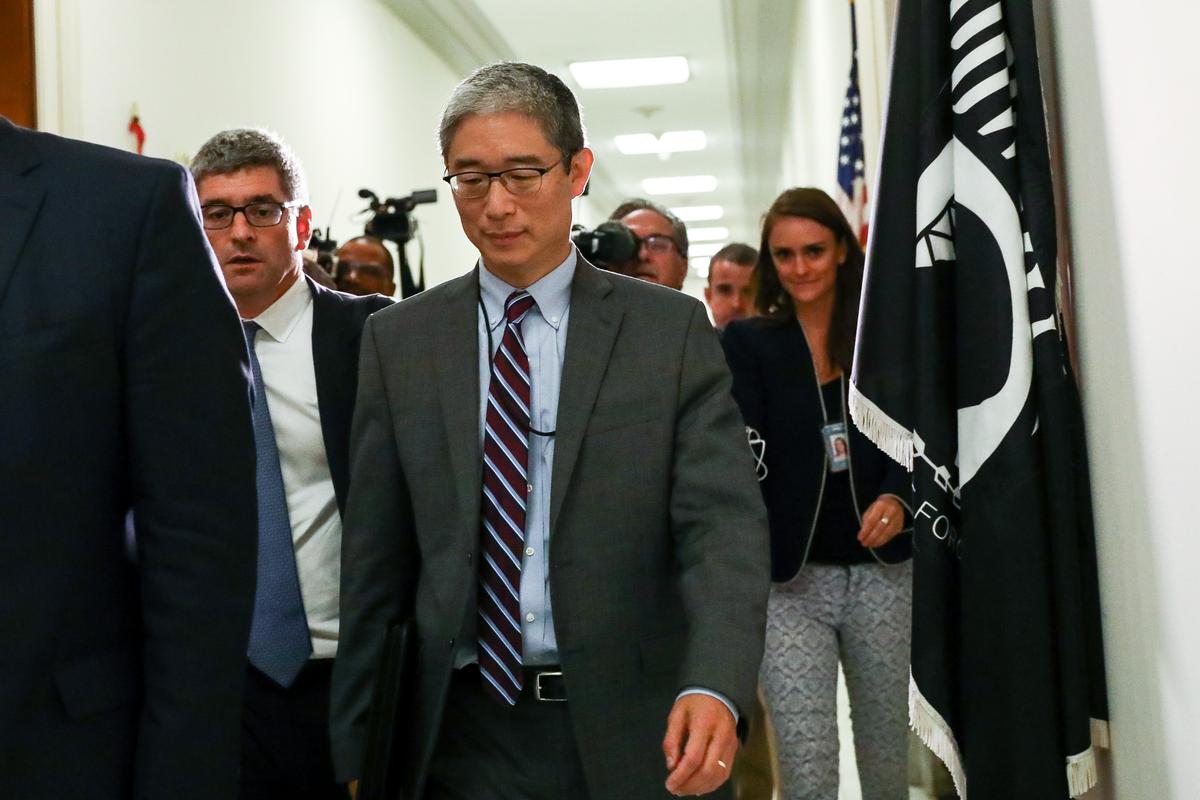 Bruce Ohr (C), a Justice Department official demoted from the posts of associate deputy attorney general and director of the Organized Crime Drug Enforcement Task Force, leaves for a lunch break from a closed hearing with the House Judiciary and House Oversight and Government Reform committees on Capitol Hill in Washington, on Aug. 28, 2018. (Samira Bouaou/The Epoch Times)