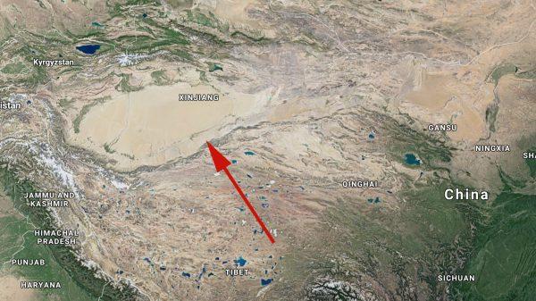 Map showing Xinjiang in Western China, where Chinese Muslims are being detained and tortured in Chinese Communist Party political re-education internment camps. (Google)