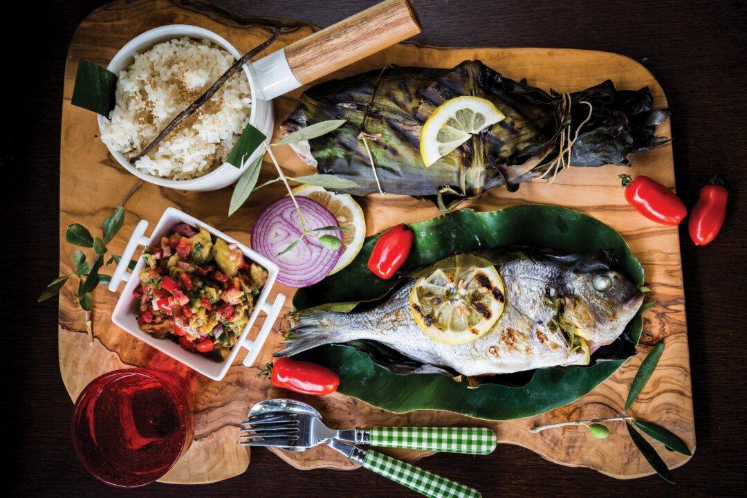 Inihaw na Isda at Ensaladang Talong: Stuffed Fish Grilled in Banana Leaves and Eggplant Salad With Toasted Pancetta
