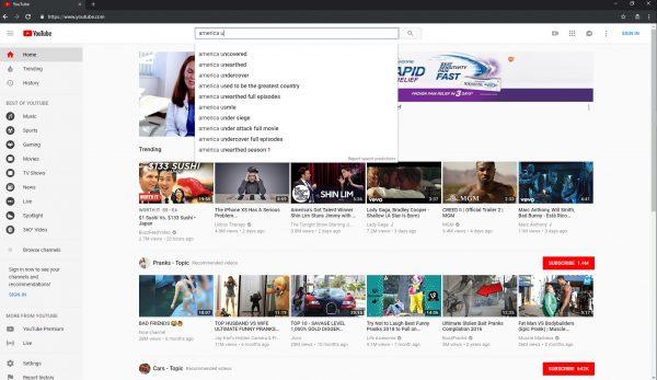Youtube search suggestions for phrase "america u" on Oct. 1, 2018. (Screenshot via Youtube)