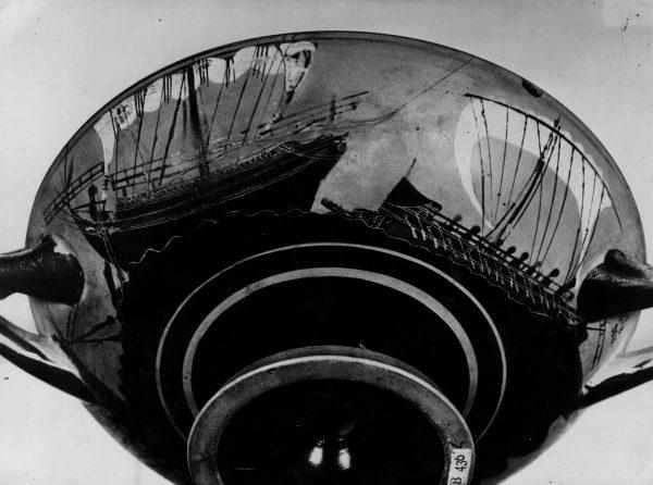 Ancient Greek ships decorate this highly glazed pottery cup or crater, in this file image, circa 1959. (Hulton Archive/Getty Images)