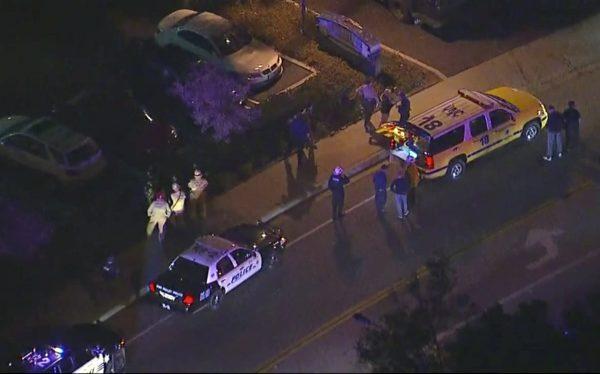 Police vehicles line a road in the vicinity of the mass shooting at a country music bar in Thousand Oaks, California, early Thursday, Nov. 8, 2018. (KABC via AP)