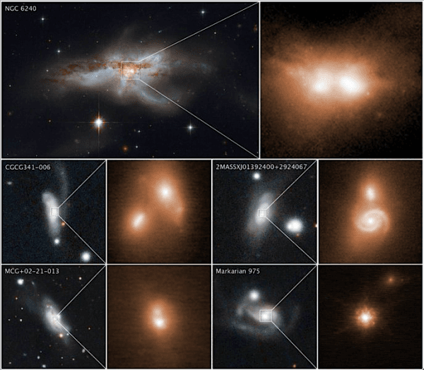 The final stage of a merger between pairs of black holes in the cores of colliding galaxies. (NASA, ESA, and M. Koss)