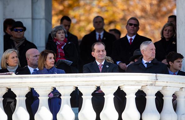 Homeland Security Secretary Kirstjen Nielsen (L), House Minority Leader Nancy Pelosi (D-CA) (3rd L), Labor Secretary Alex Acosta (C), and Secretary of Defense James Mattis, listen as Secretary of Veterans Affairs Robert Wilkie speaks during a Veterans Day ceremony at Arlington National Cemetery in Arlington, Va., on Nov. 11, 2018. (Al Drago/Getty Images)