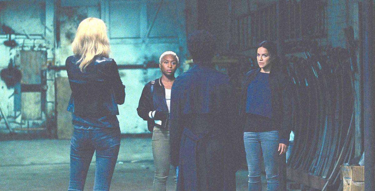 (L-R) Elizabeth Debicki (back to camera), Cynthia Erivo, Viola Davis (back to camera), and Michelle Rodriguez star in Twentieth Century Fox’s “Widows.” (Twentieth Century Fox Film Corporation)