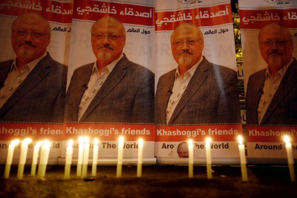Candles lit by activists protesting the killing of Saudi journalist Jamal Khashoggi, placed outside the Saudi Arabia Consulate during a candlelight vigil in Istanbul, Turkey, on Oct. 25, 2018. (Lefteris Pitarakis/AP Photo)
