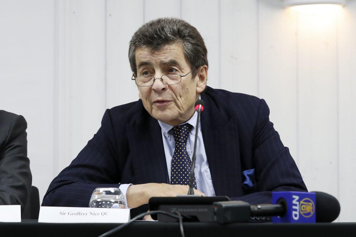 Sir Geoffrey Nice KC, chair of the China Tribunal on forced organ harvesting, on the first day of public hearings, London, UK, on Dec. 8, 2018. (Justin Palmer)