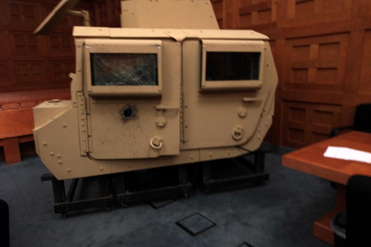 A model of the cab of a Humvee damaged by an Explosively Formed Penetrator device used as a demonstrative exhibit in the case Karcher, et al. v. The Islamic Republic of Iran in the U.S. District Court in Washington on Dec. 3. (Courtesy of Osen LLC)