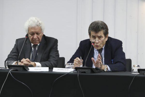 Hamid Sabi (L), the legal counsel to the Independent Tribunal Into Forced Organ Harvesting in China and tribunal Chair Sir Geoffrey Nice QC on the first day of public hearings in London on Dec. 8, 2018. (Justin Palmer)