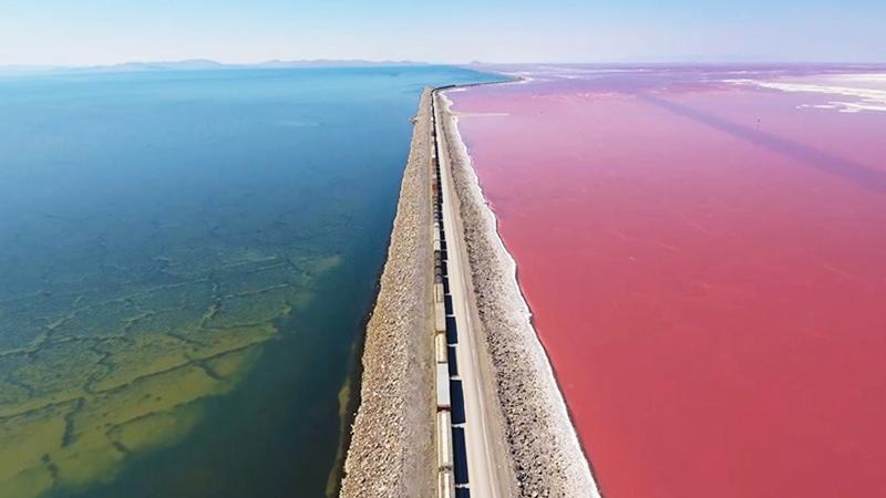 Drone footage of Utah’s Great Salt Lake highlights pretty pink, blue divides