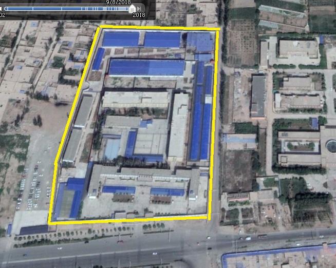 A suspected re-education camp in Kashgar Prefecture, Xinjiang Province, at about 2.45 miles east of Shule City, identified by Google Maps as an image taken on Sept. 8, 2018. (Google Maps via Li Fang)