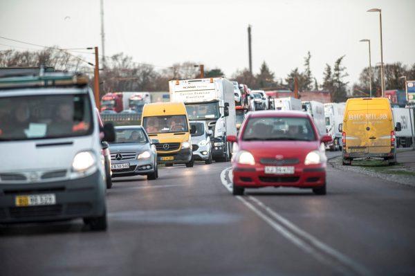Cars wait after the Great Belt Bridge has been closed in both directions due to a train accident, in Denmark, on Jan. 2, 2019. (Tim K. Jensen/Ritzau Scanpix/via Reuters)