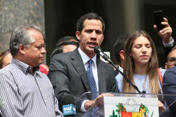 Juan Guaidó, who has appointed himself interim president speaks during a meeting with deputies, media and supporters organized by the National Assembly at Plaza Bolivar of Chacao, in Caracas, Venezuela, on Jan. 25, 2019. (Edilzon Gamez/Getty Images)