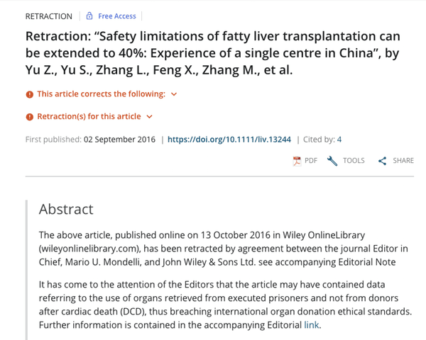 An article retracted due to concerns about the source of organs used for donation. (Screen shot/John Wiley & Sons Ltd/The conversation)