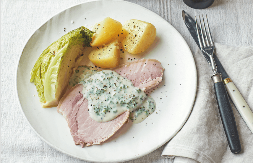 Traditional Irish Bacon With Cabbage and Parsley Sauce