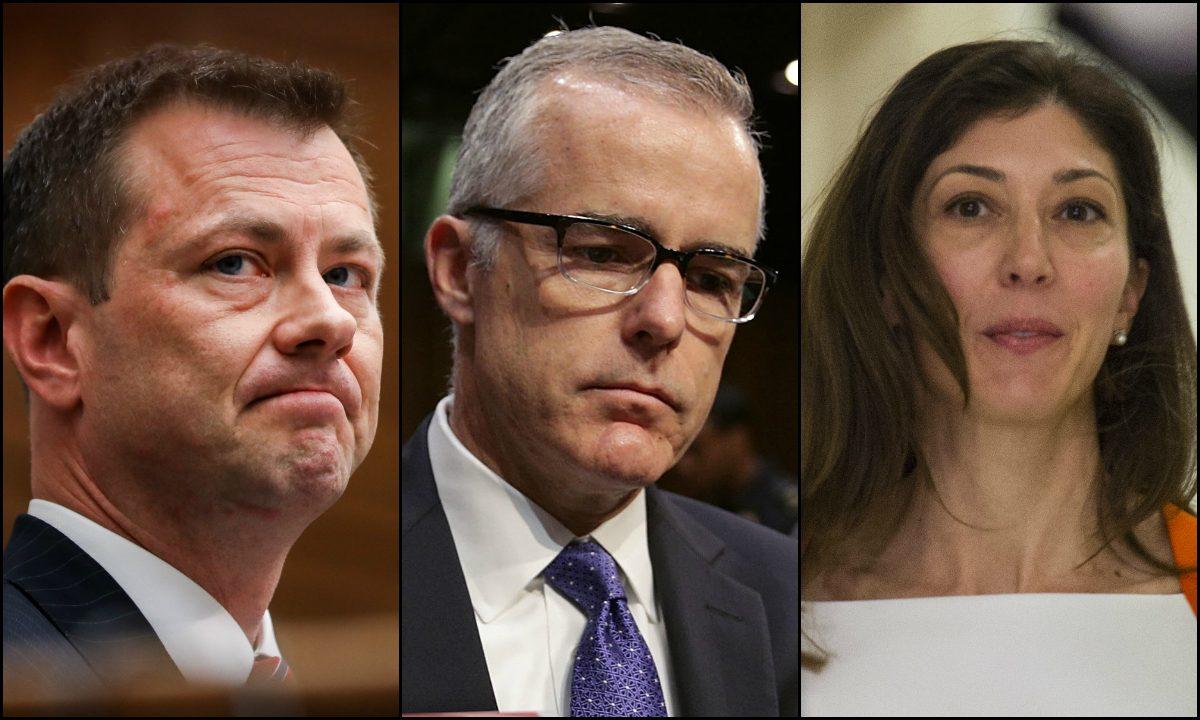 (L-R) FBI agent Peter Strzok, FBI Deputy Director Andrew McCabe, and FBI lawyer Lisa Page. (Getty Images/Epoch Times)