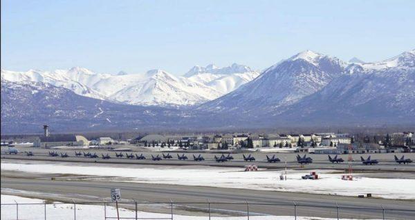 F-22 Raptors participate in an elephant walk with an E-3 Sentry and a C-17 Globemaster III at Joint Base Elmendorf-Richardson, Alaska, Wednesday, March 26, 2019. (US Air Force)