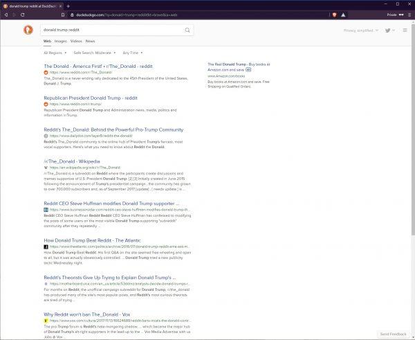 DuckDuckGo search results for the words "donald trump reddit" as shown on March 25, 2019. (Screenshot via DuckDuckGo)