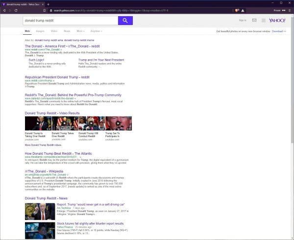 Yahoo search results for the words "donald trump reddit" as shown on March 25, 2019. (Screenshot via Yahoo)