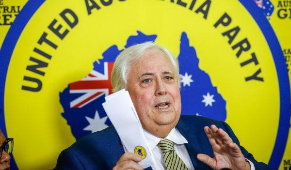 United Australia Party founder Clive Palmer addresses the media during a press conference in Townsville on April 18, 2019. (AAP Image/Michael Chambers)