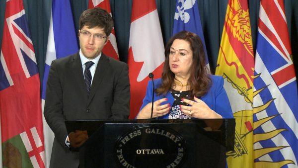 Sen. Salma Ataullahjan and MP Garnett Genuis speak at a press conference on Bill S-240 in Parliament Hill on Dec. 12, 2018. (Limin Zhou/The Epoch Times)