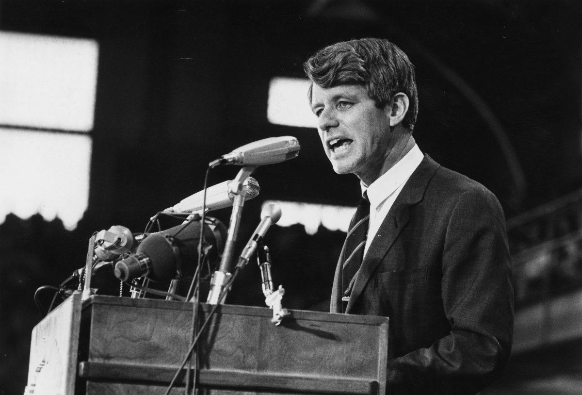Sen. Robert Kennedy (D-N.Y.) speaking at an election rally in 1968. (Harry Benson/Express/Getty Images)