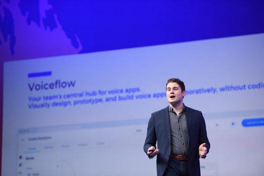 Braden Ream, co-founder & CEO of Voiceflow, on centre stage ahead of the opening night of Collision 2019 at Enercare Centre in Toronto on May 20, 2019. (Éoin Noonan/Collision via Sportsfile)