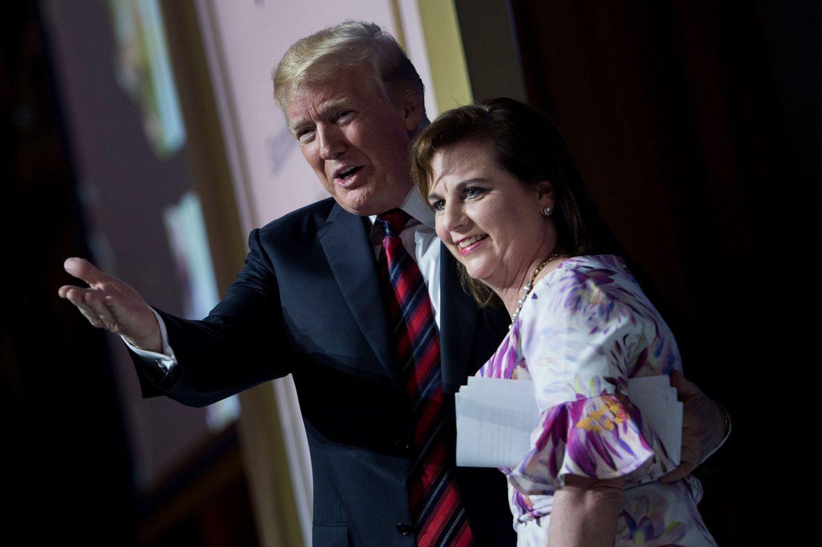 US President Donald Trump (L) and Marjorie Dannenfelser, president of Susan B. Anthony List, talk during the Susan B. Anthony List 11th Annual Campaign for Life Gala at the National Building Museum in Washington, DC, on May 22, 2018. (Brendan Smialowski/AFP/Getty Images)