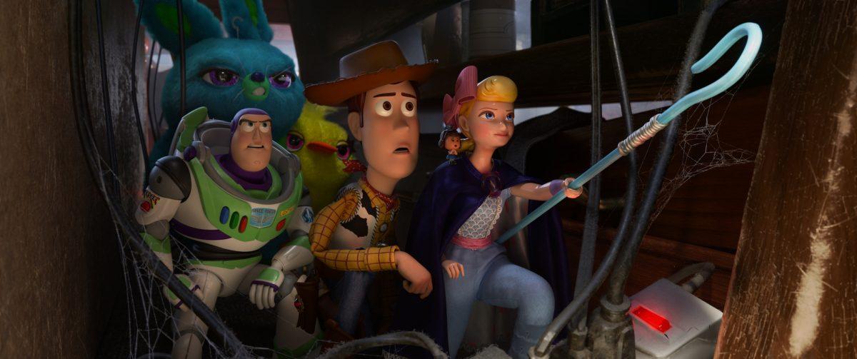 (L–R) Bunny (voiced by Jordan Peele), Buzz Lightyear (voiced by Tim Allen), Ducky (voiced by Keegan-Michael Key), Woody (Tom Hanks), Bo Peep (Annie Potts), star in Disney and Pixar’s “Toy Story 4.” (Disney/Pixar)