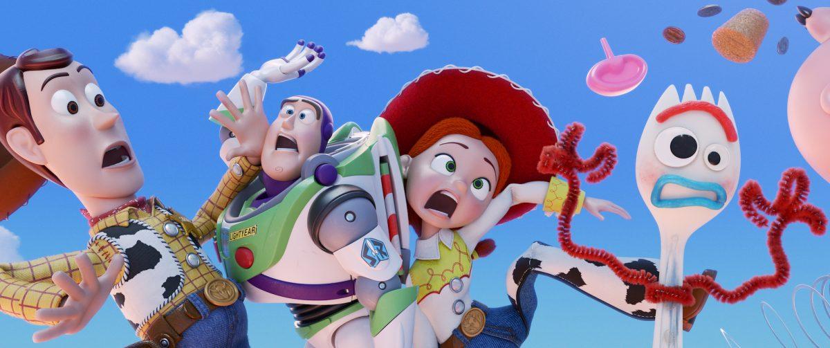 (L–R) Woody (voiced by Tom Hanks), Buzz Lightyear (voiced by Tim Allen), Jessie (voiced by Joan Cusack), and Forky (voiced by Tony Hale). Disney/Pixar)