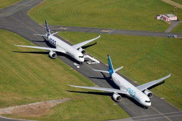 An Airbus A350-1000 and an Airbus A330 NEO are seen during the 53rd International Paris Air Show at Le Bourget Airport near Paris, France, on June 17 2019. (Pascal Rossignol/Reuters)
