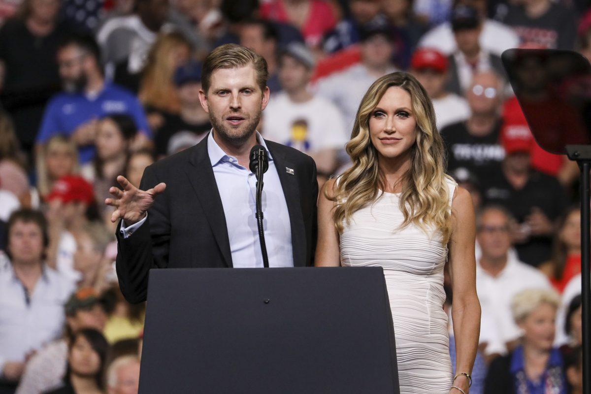 Eric and Lara Trump at President Donald Trump’s 2020 reelection event in Orlando, Fla., on June 18, 2019. (Charlotte Cuthbertson/The Epoch Times)