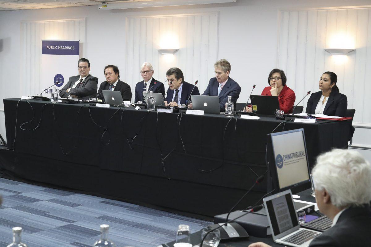 The tribunal panel (L–R) of U.S. history professor Arthur Waldron, Malaysian lawyer Andrew Khoo, professor of cardiothoracic surgery Martin Elliott, tribunal chair Sir Geoffrey Nice QC, businessman Nicholas Vetch, Iranian human rights lawyer Shadi Sadr, and U.S. lawyer Regina Paulose, in London, on Dec. 8, 2018. (Justin Palmer)