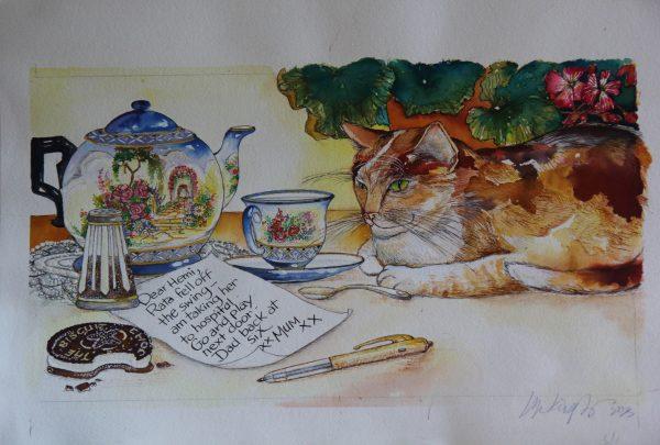 An English teapot, cup, and saucer that Kriegler inherited from her mother are featured in this illustration for Joan de Hamel’s “Hemi & the Shortie Pyjamas.” (Lorraine Ferrier/The Epoch Times)