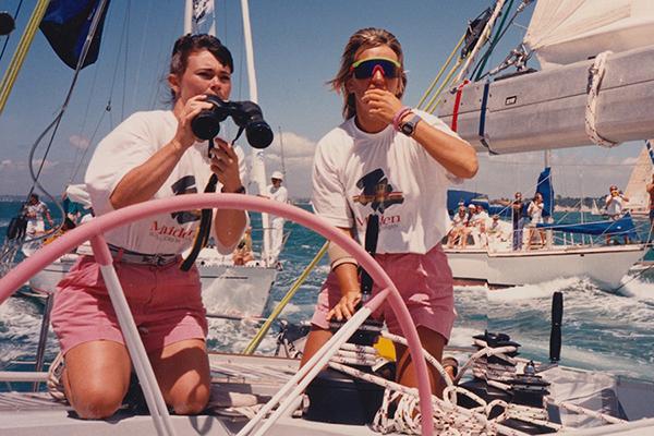 Tracy Edwards (L) and a fellow crew member aboard the Maiden, in "Maiden." (New Black Films/Sony Pictures Classics)