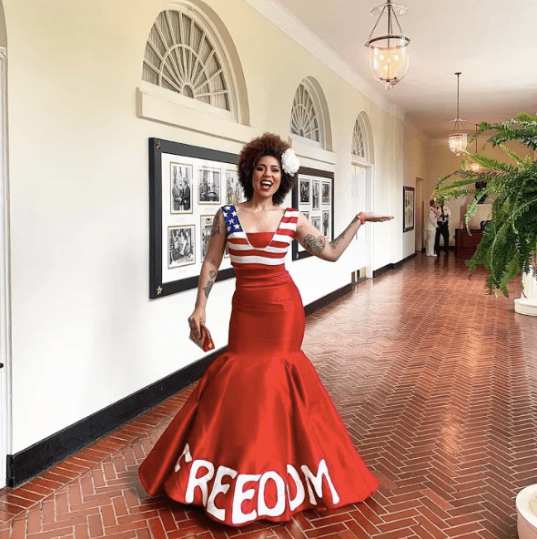 Villa wore a dress marked "Freedom" at the White House Social Media Summit in Washington on July 11. (Joy Villa Productions)