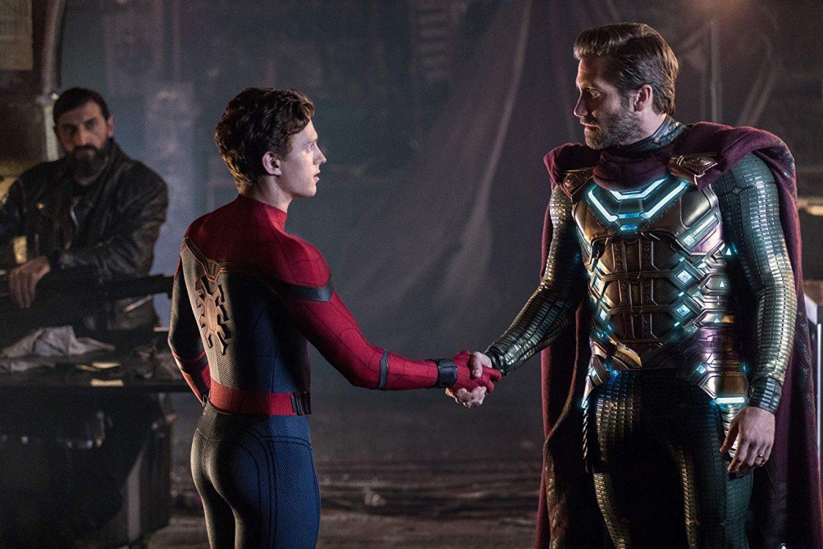 Tom Holland (L) and Jake Gyllenhaal in Columbia Pictures’ “Spider-Man: Far From Home.” (Sony Pictures)