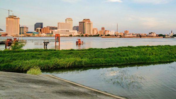 The Mississippi River approaches a levee in New Orleans, La., on July 11, 2019. (Matthew Hinton/AP)
