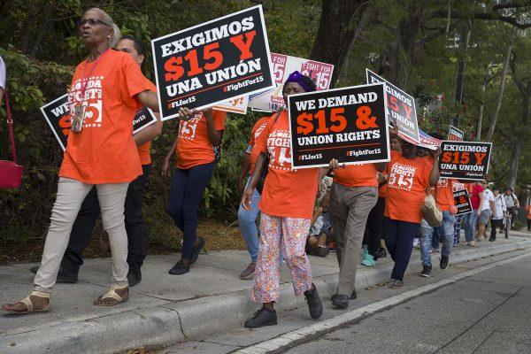 People gather together to ask the McDonald’s corporation to raise workers’ wages to a $15 minimum wage as well as demanding the right to a union in Fort Lauderdale, Fla., on May 23, 2019 (Joe Raedle/Getty Images)