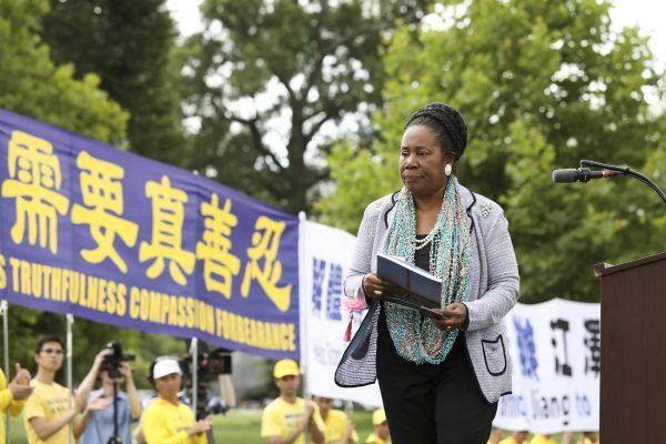 Rep. Sheila Jackson Lee (D-Texas), speaks at a rally commemorating the 20th anniversary of the persecution of Falun Gong in China, on the West lawn of Capitol Hill in Washington on July 18, 2019. (Samira Bouaou/The Epoch Times)