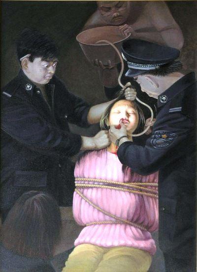 A painting depicting the force-feeding torture method. (Minghui.org)