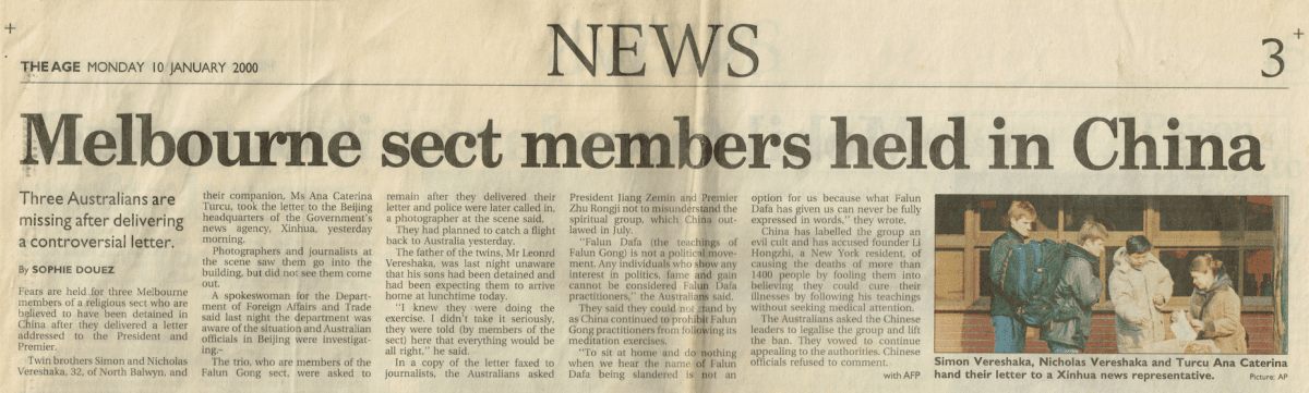 Photo of The Age report dated 10 January 2000 that reported on Nick & Simon Vereshaka, and Kati being held in China. (Courtesy of Kati Vereshaka)